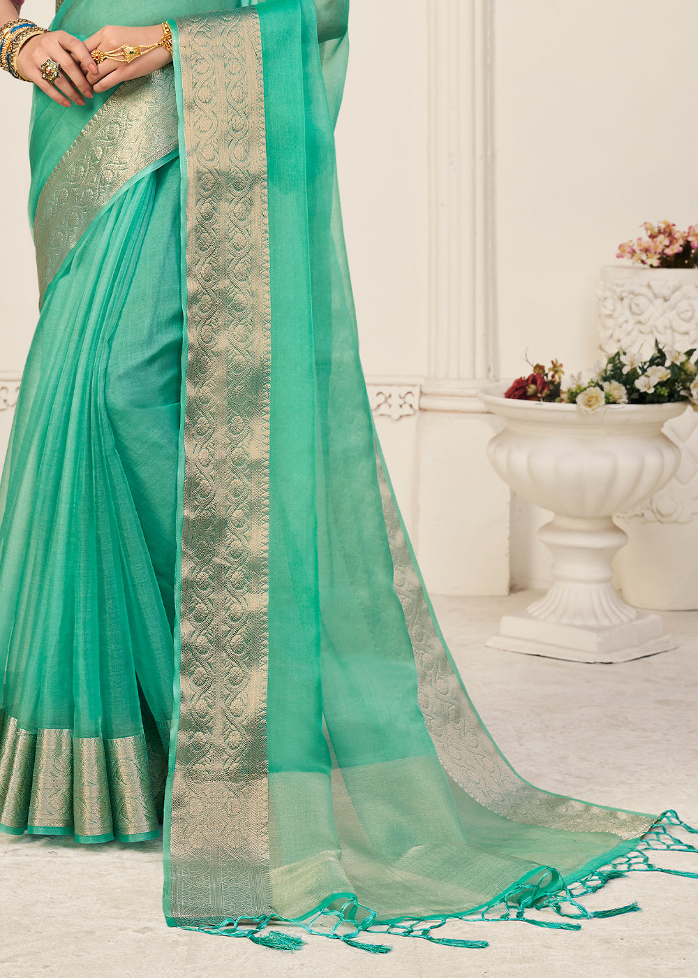 Light Munsell Green Designer Organza Silk Saree with Tassels On Pallu