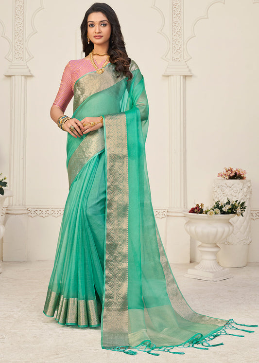 Light Munsell Green Designer Organza Silk Saree with Tassels On Pallu