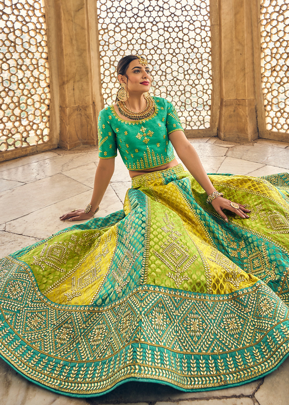 Yellow & Blue Banarasi Silk Lehenga Choli with Heavy Embroidery Work