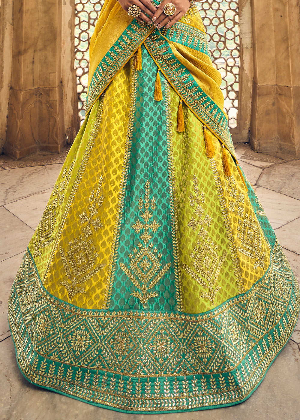 Yellow & Blue Banarasi Silk Lehenga Choli with Heavy Embroidery Work