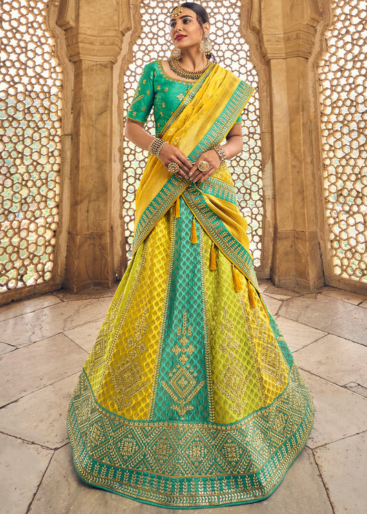 Yellow & Blue Banarasi Silk Lehenga Choli with Heavy Embroidery Work