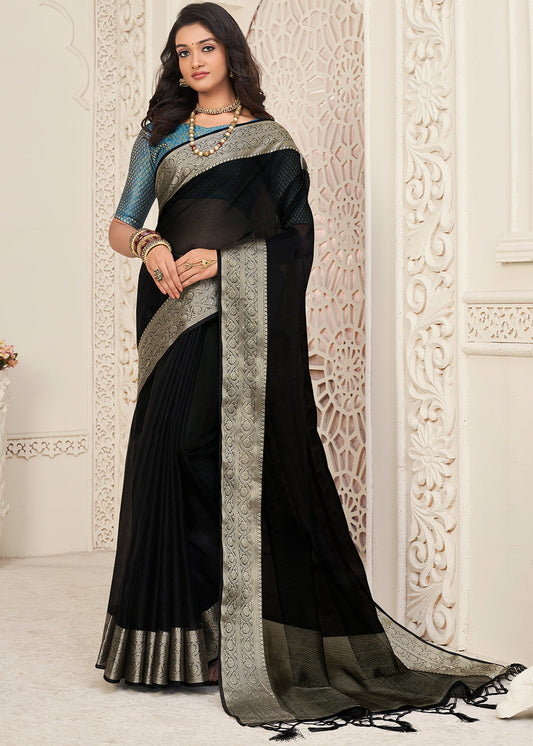 Onyx Black Designer Organza Silk Saree with Tassels On Pallu