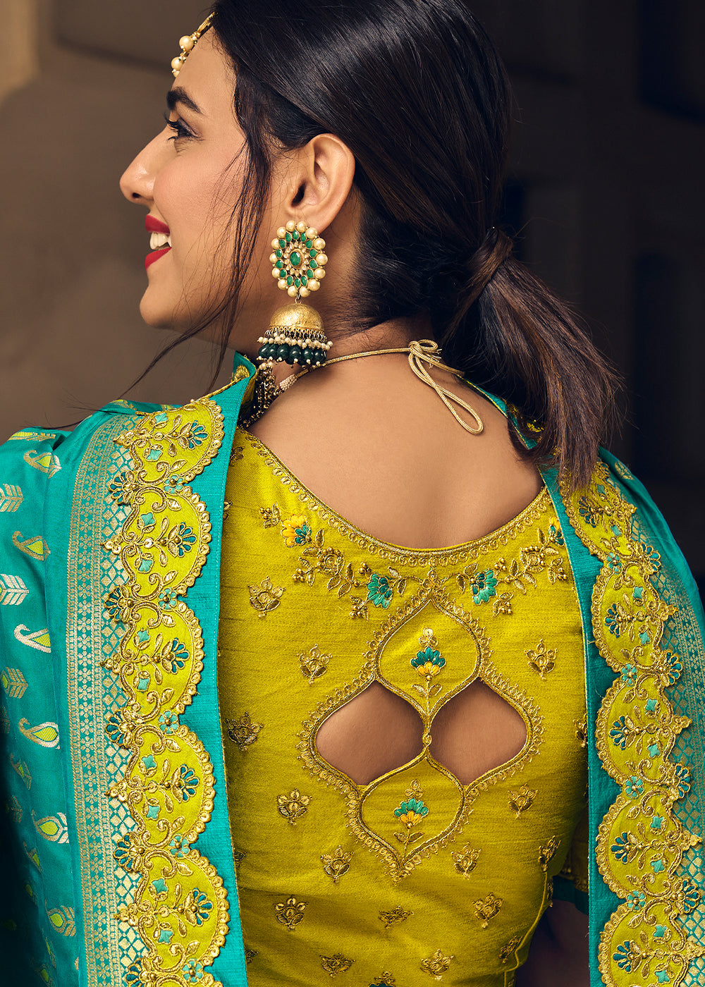 Yellow & Blue Banarasi Silk Lehenga Choli with Heavy Embroidery Work