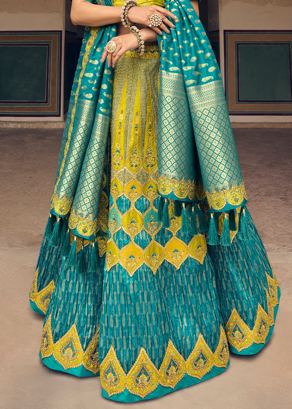 Yellow & Blue Banarasi Silk Lehenga Choli with Heavy Embroidery Work