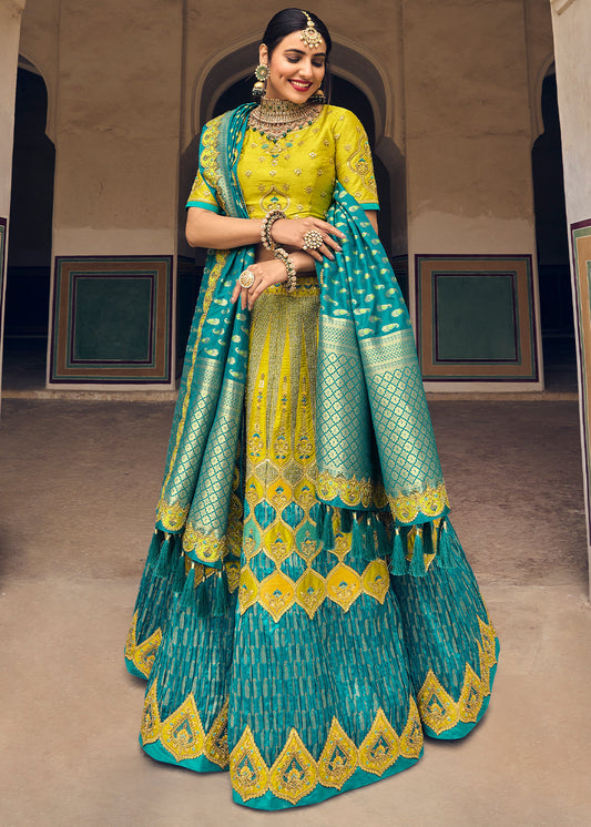 Yellow & Blue Banarasi Silk Lehenga Choli with Heavy Embroidery Work