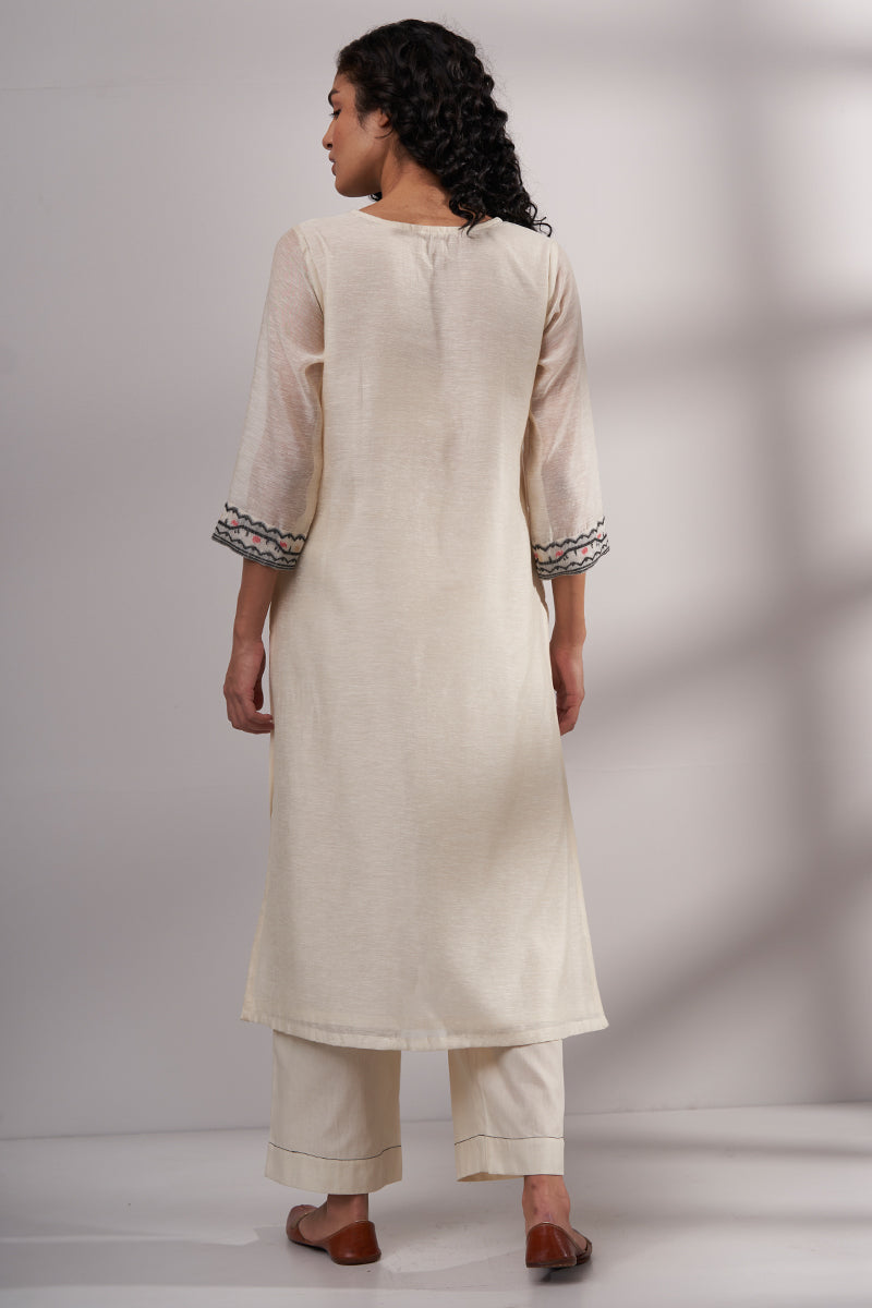 Cream Woven Cotton Linen Kurta With Cotton Bottom