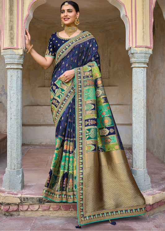 Navy Blue Dola Silk Saree with Beautiful Embroidery work: Wedding Edition