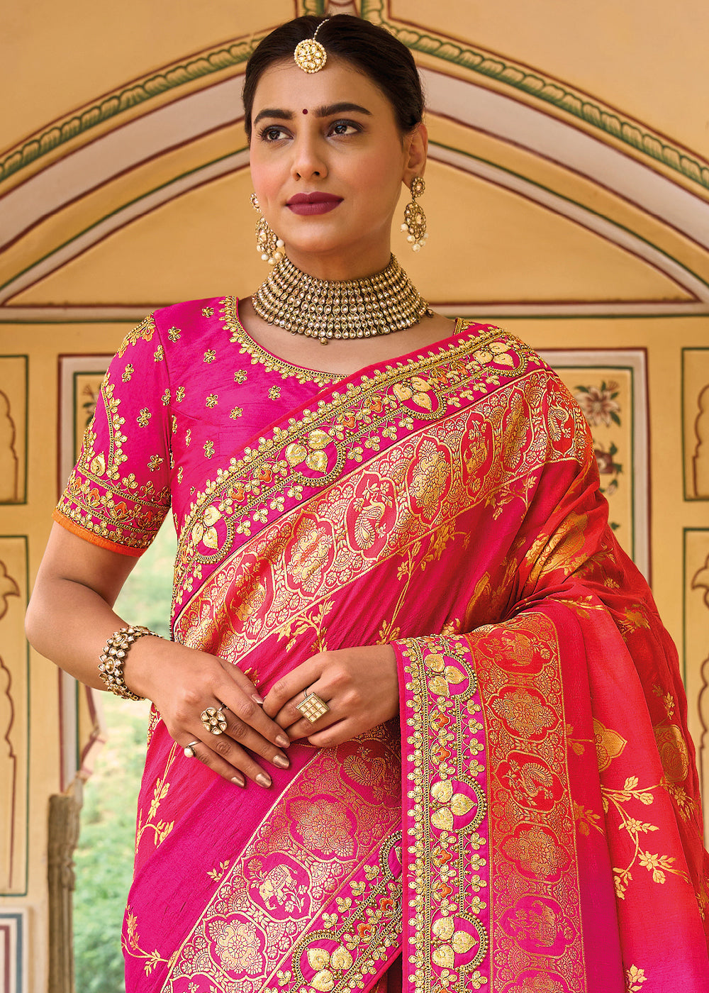 Pink & Orange Dola Silk Saree with Beautiful Embroidery work: Wedding Edition