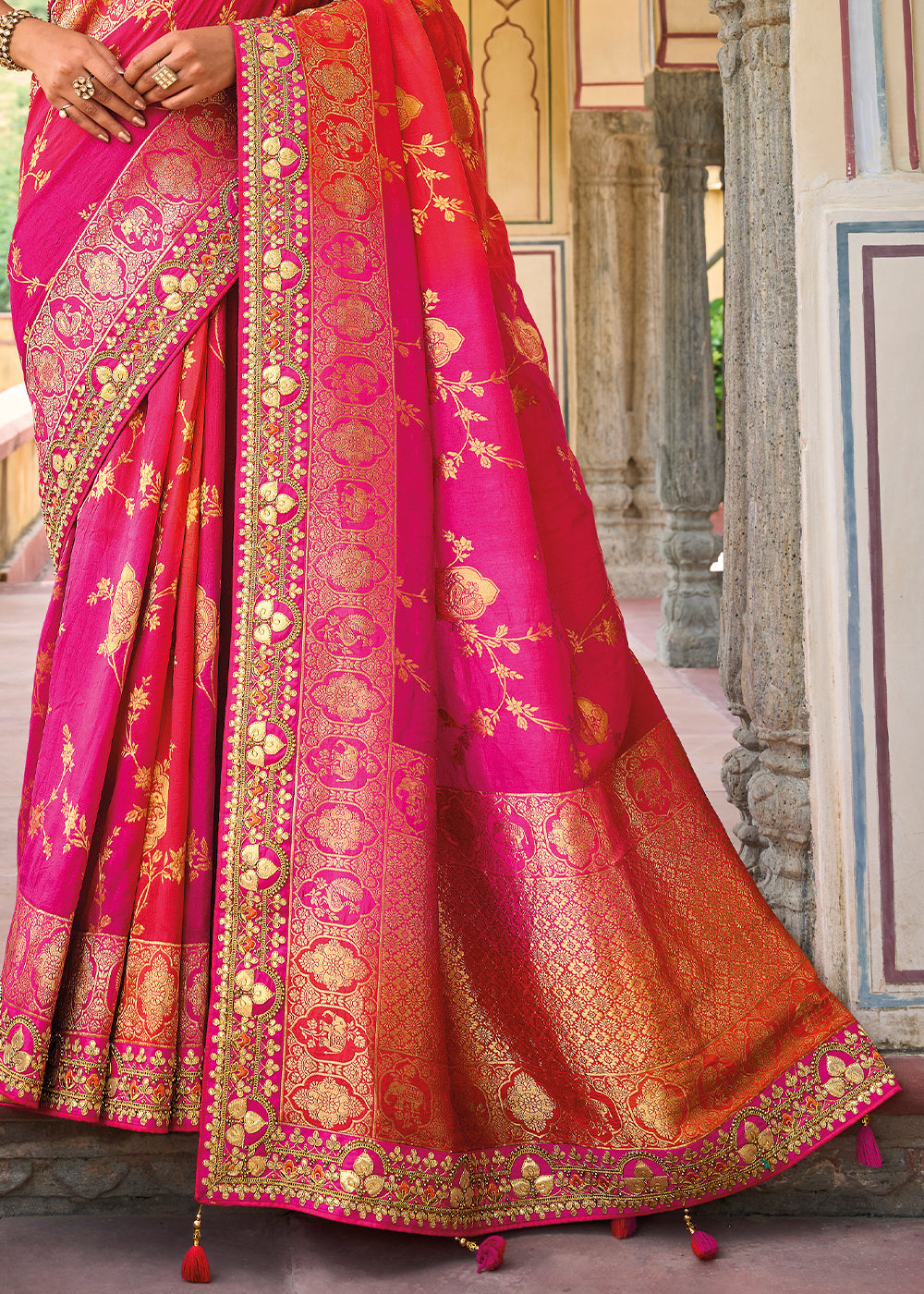 Pink & Orange Dola Silk Saree with Beautiful Embroidery work: Wedding Edition