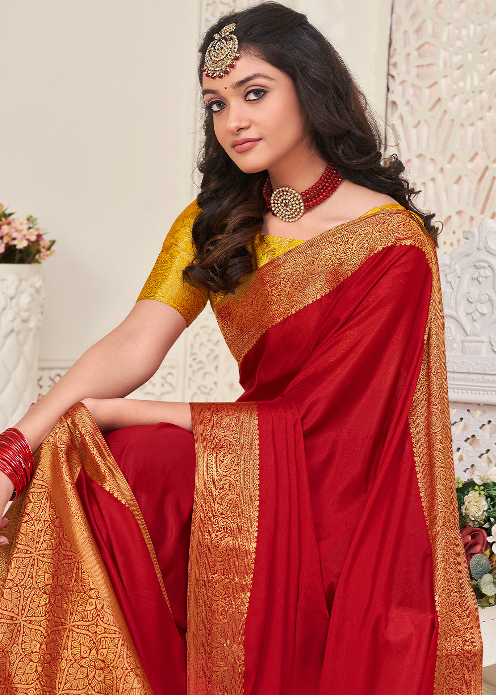 Bridal Red Woven Chinon Silk Saree