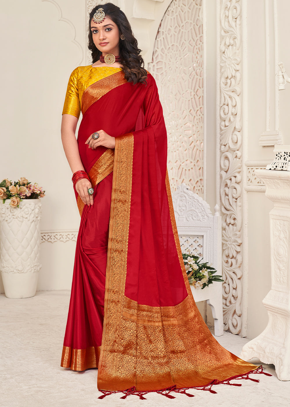 Bridal Red Woven Chinon Silk Saree