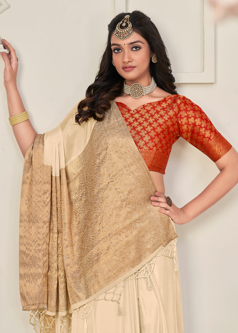 Cream White Woven Chinon Silk Saree