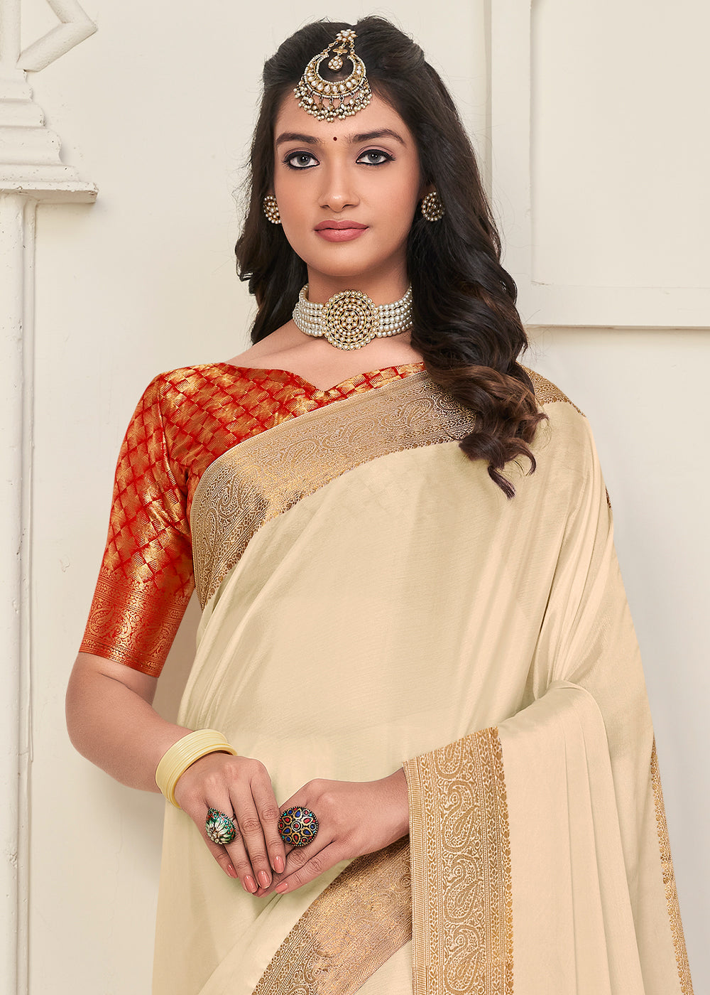 Cream White Woven Chinon Silk Saree