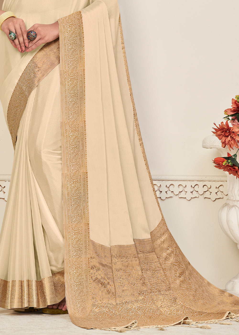 Cream White Woven Chinon Silk Saree