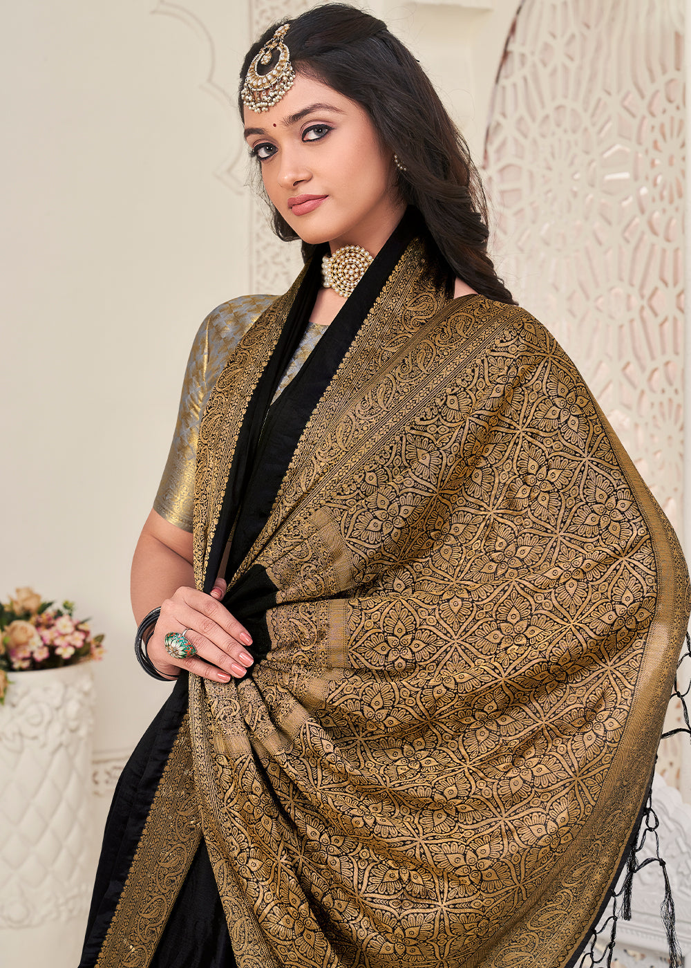 Midnight Black Woven Chinon Silk Saree