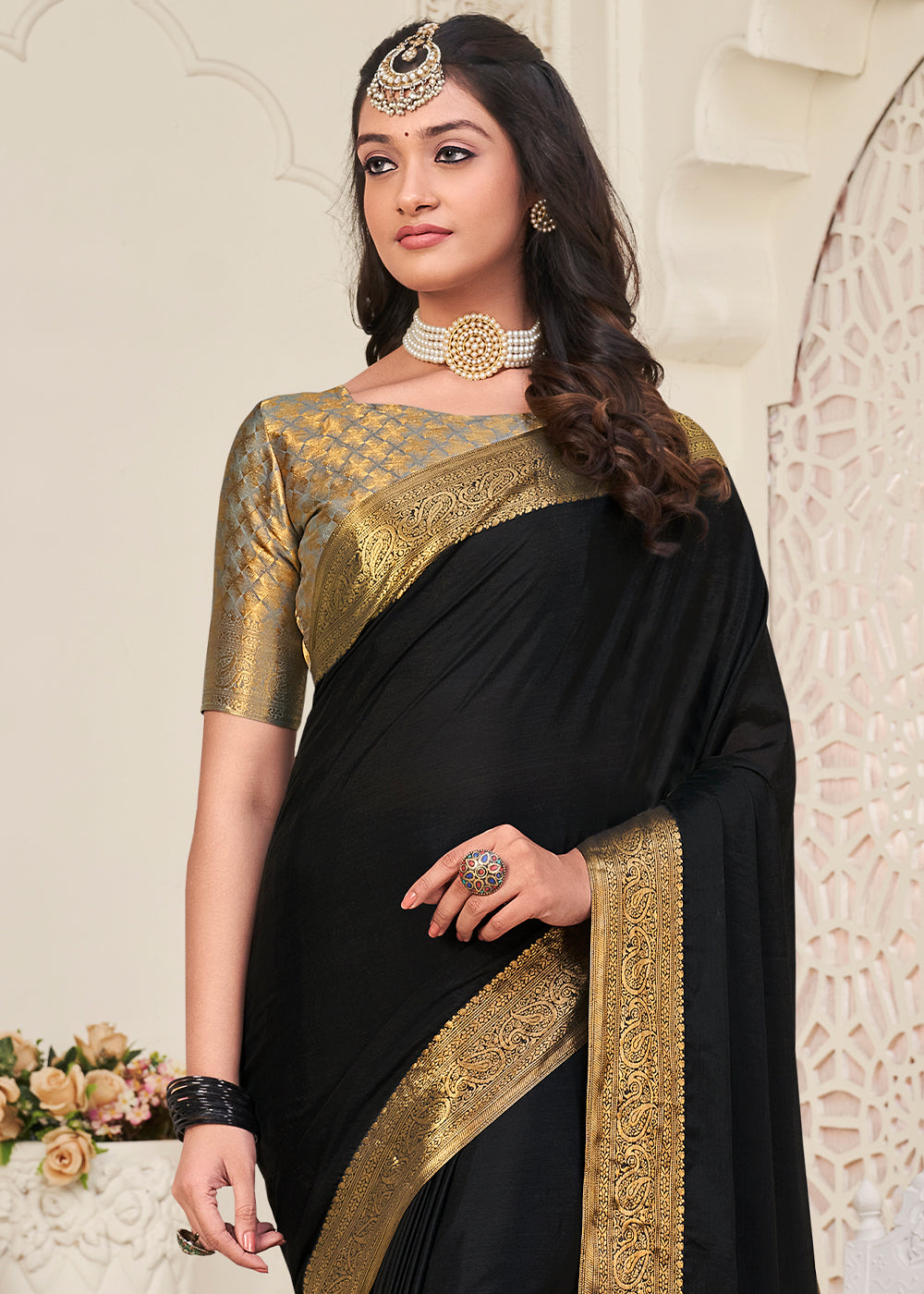 Midnight Black Woven Chinon Silk Saree