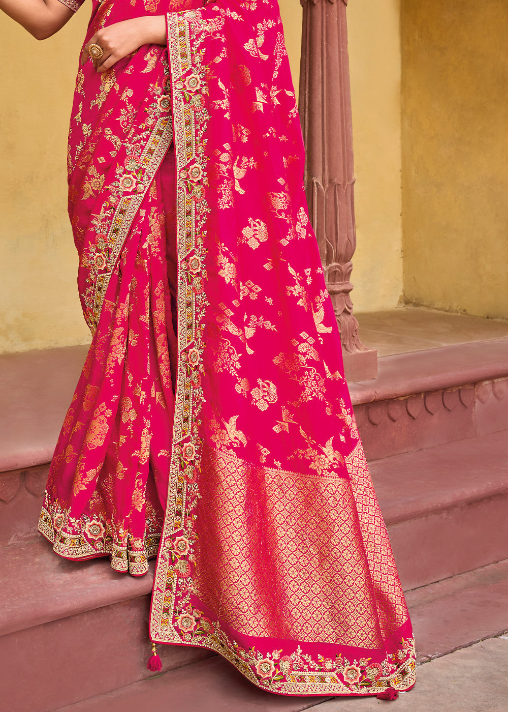 Hot Pink Dola Silk Saree with Beautiful Embroidery work: Wedding Edition