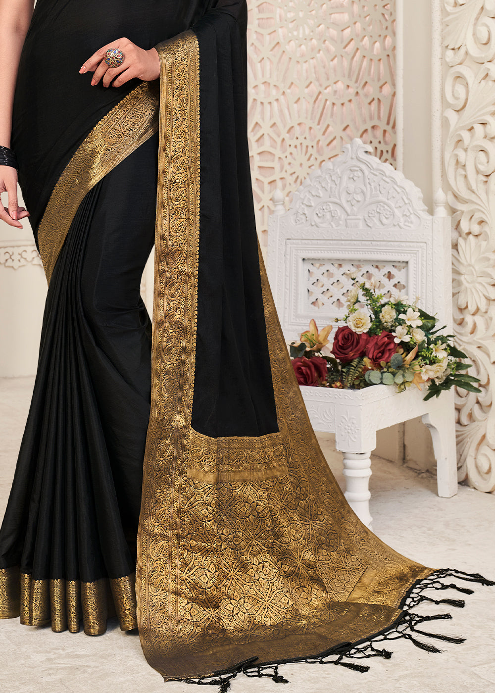 Midnight Black Woven Chinon Silk Saree