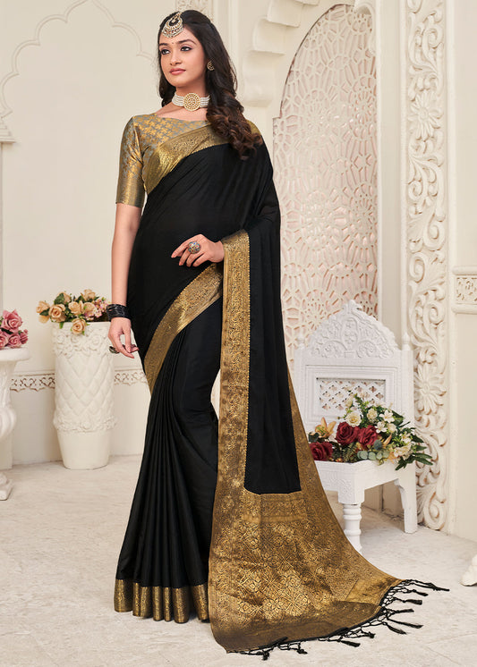 Midnight Black Woven Chinon Silk Saree