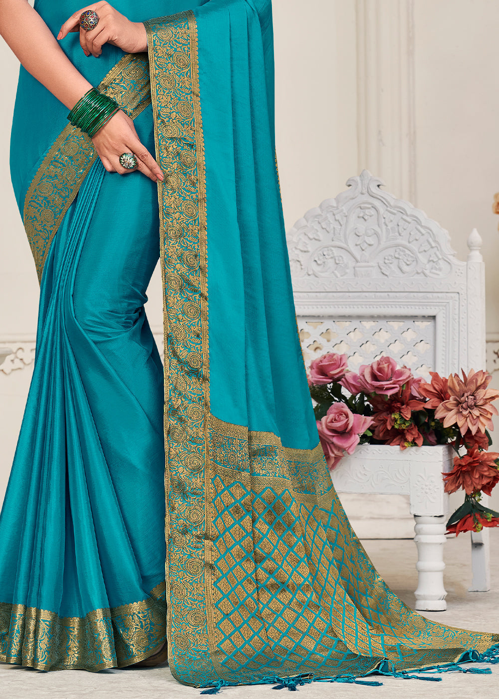 Cerulean Blue Woven Chinon Silk Saree