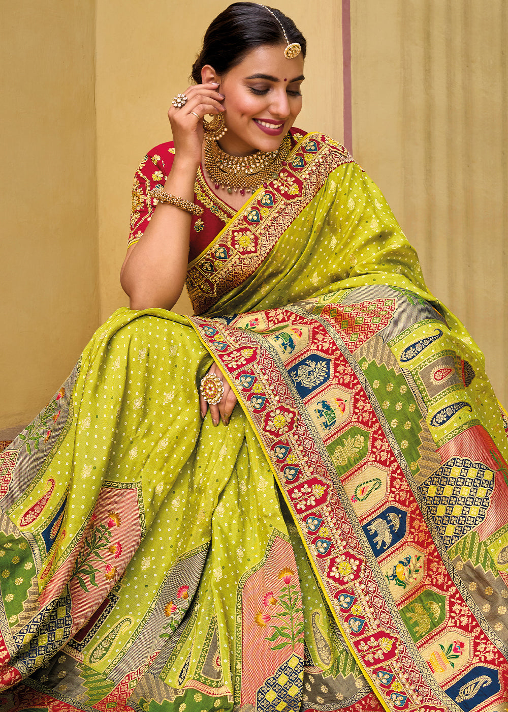 Lime Green Dola Silk Saree with Beautiful Embroidery work: Wedding Edition