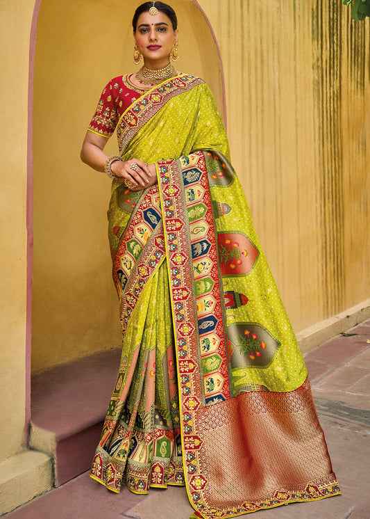 Lime Green Dola Silk Saree with Beautiful Embroidery work: Wedding Edition