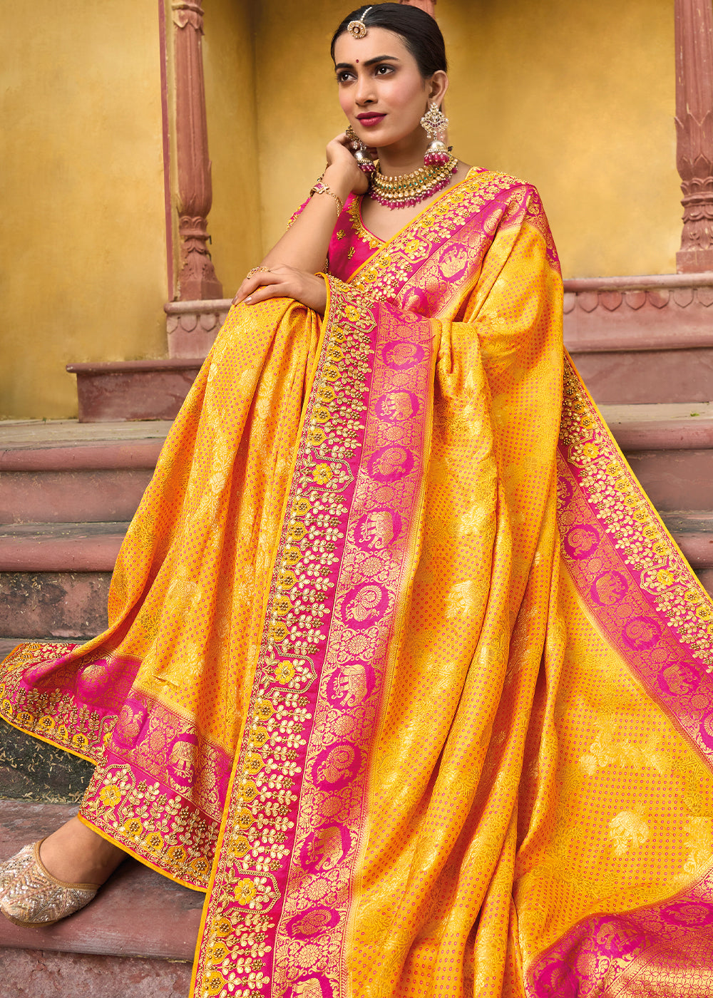 Saffron Yellow Dola Silk Saree with Beautiful Embroidery work: Wedding Edition