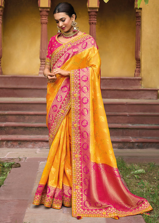 Saffron Yellow Dola Silk Saree with Beautiful Embroidery work: Wedding Edition