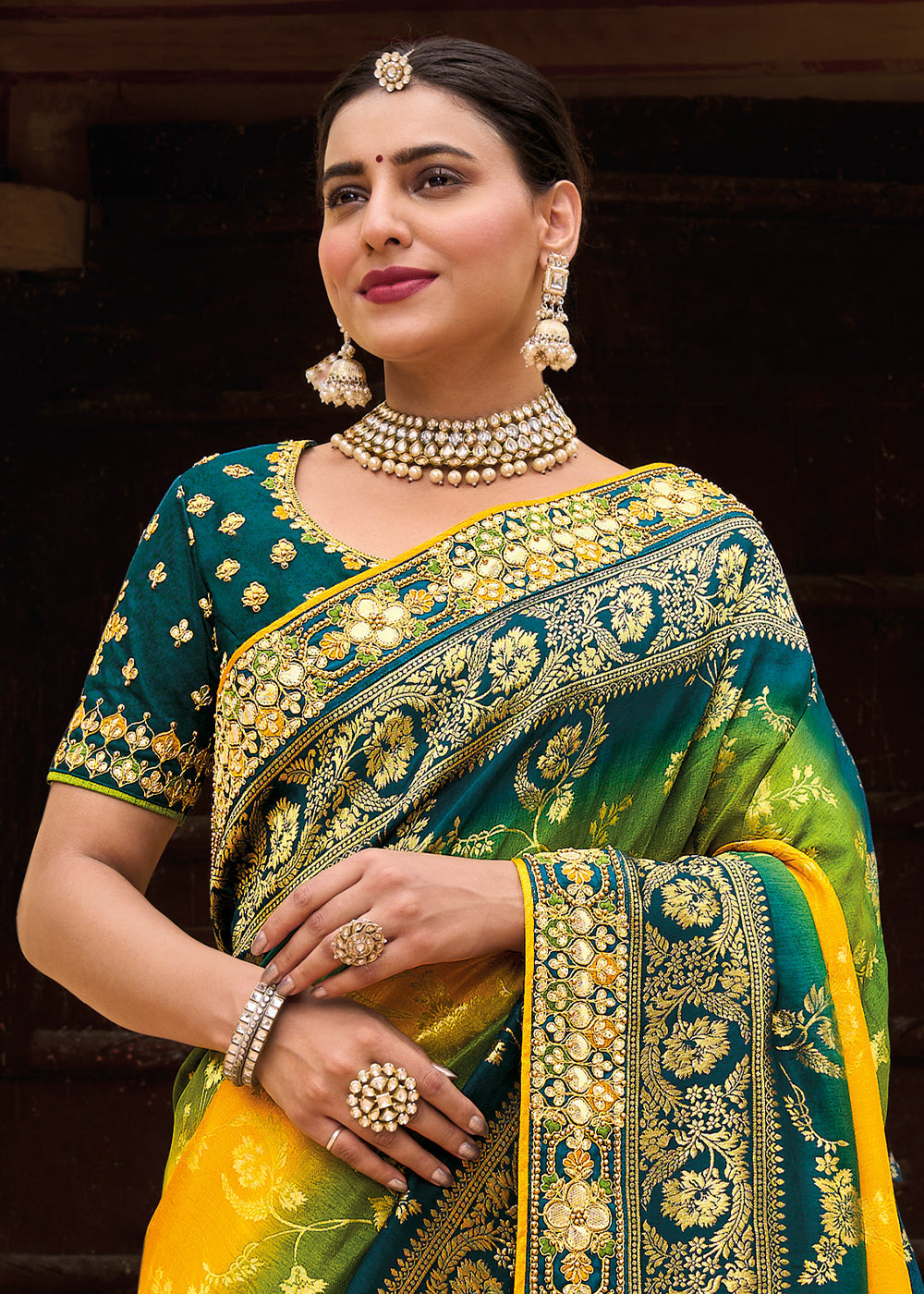 Yellow & Green Dola Silk Saree with Beautiful Embroidery work: Wedding Edition