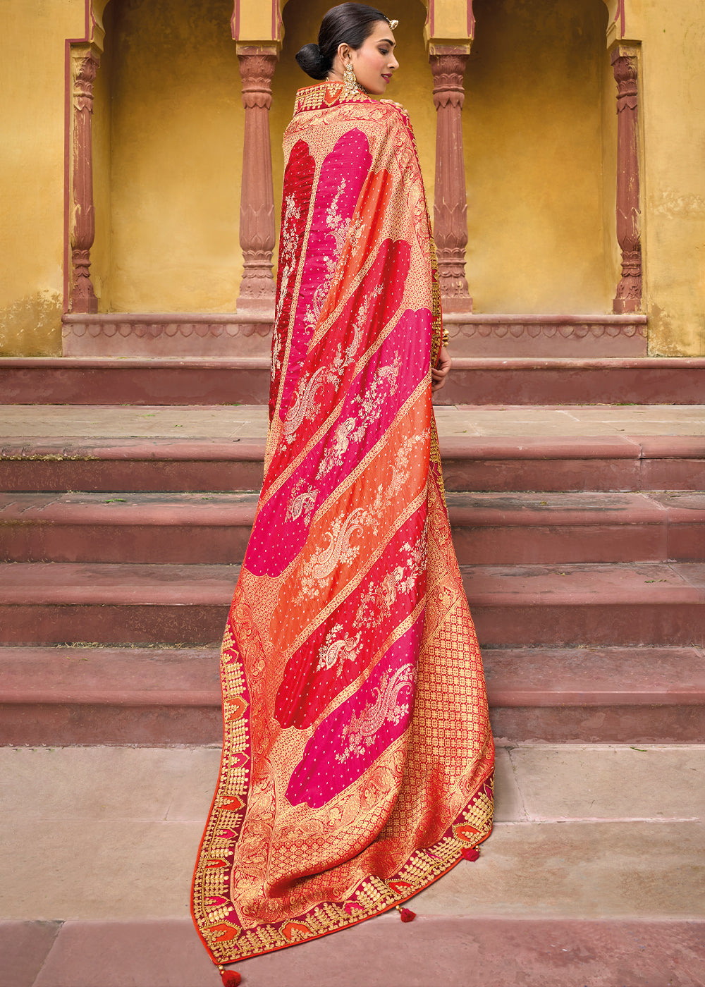 Pink & Red Dola Silk Saree with Beautiful Embroidery work: Wedding Edition