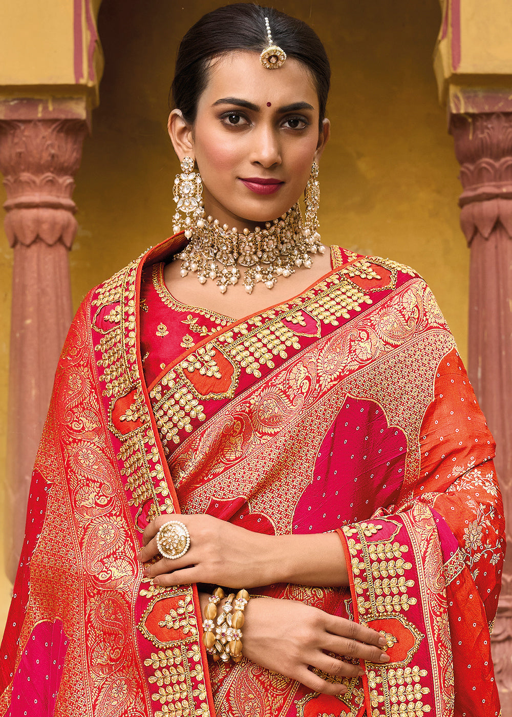 Pink & Red Dola Silk Saree with Beautiful Embroidery work: Wedding Edition