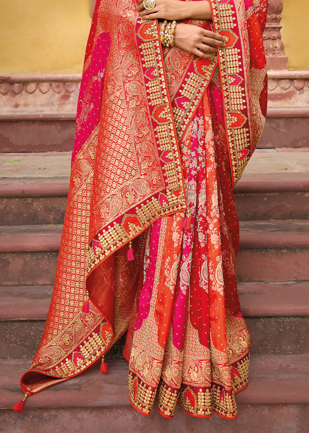 Pink & Red Dola Silk Saree with Beautiful Embroidery work: Wedding Edition