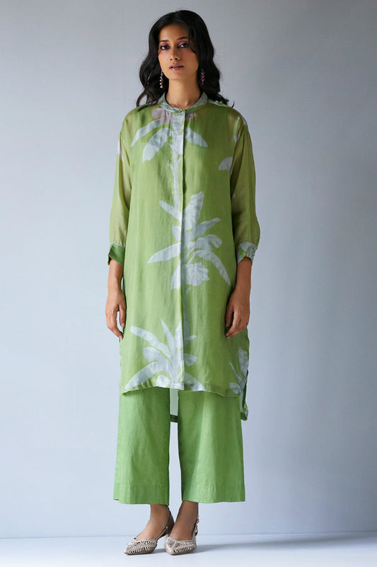 Turtle Green and Grey Bemberg Silk Printed Co-ord Set