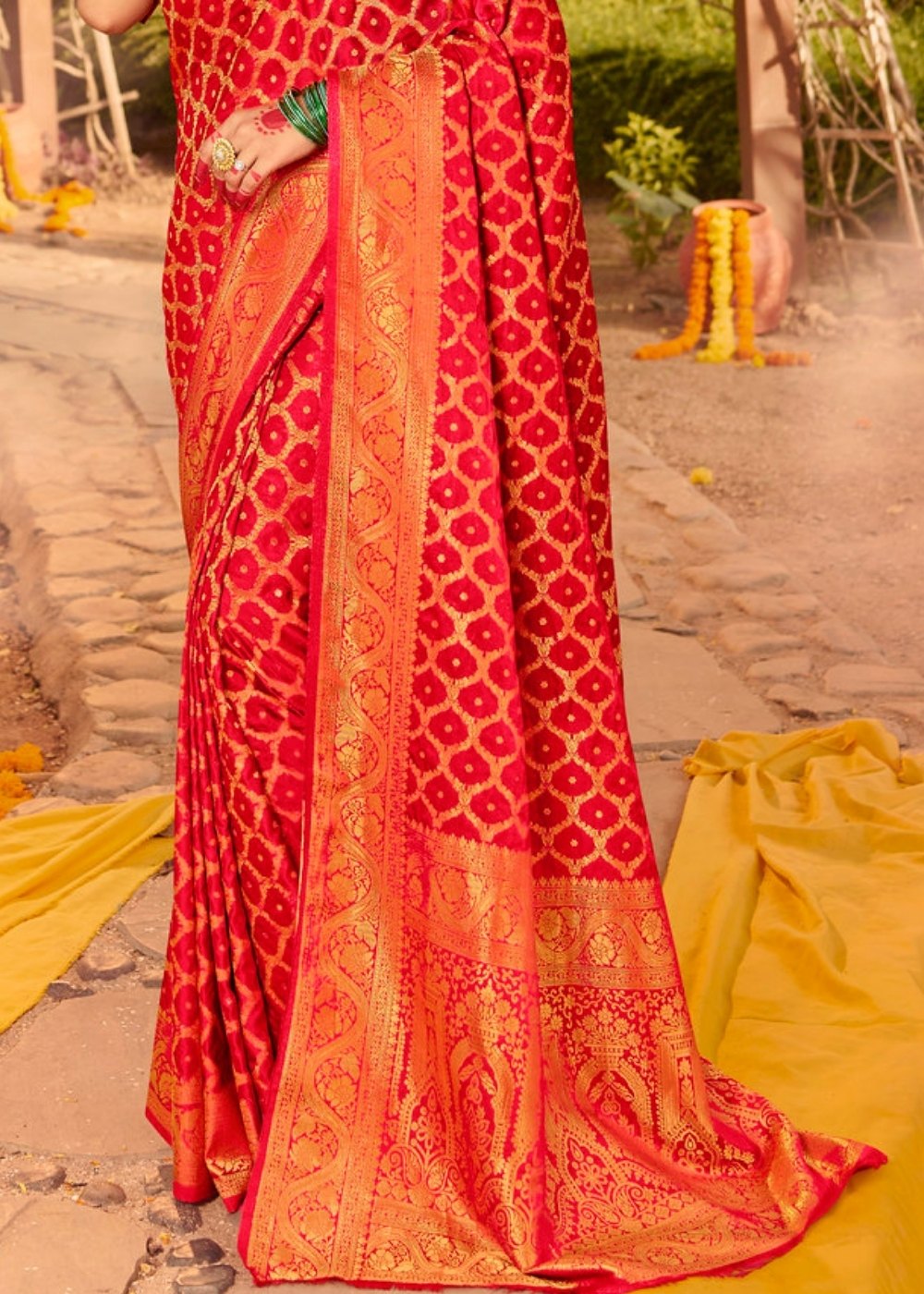 Cherry Red Zari Woven Kanjivaram Silk Saree:Wedding Edition