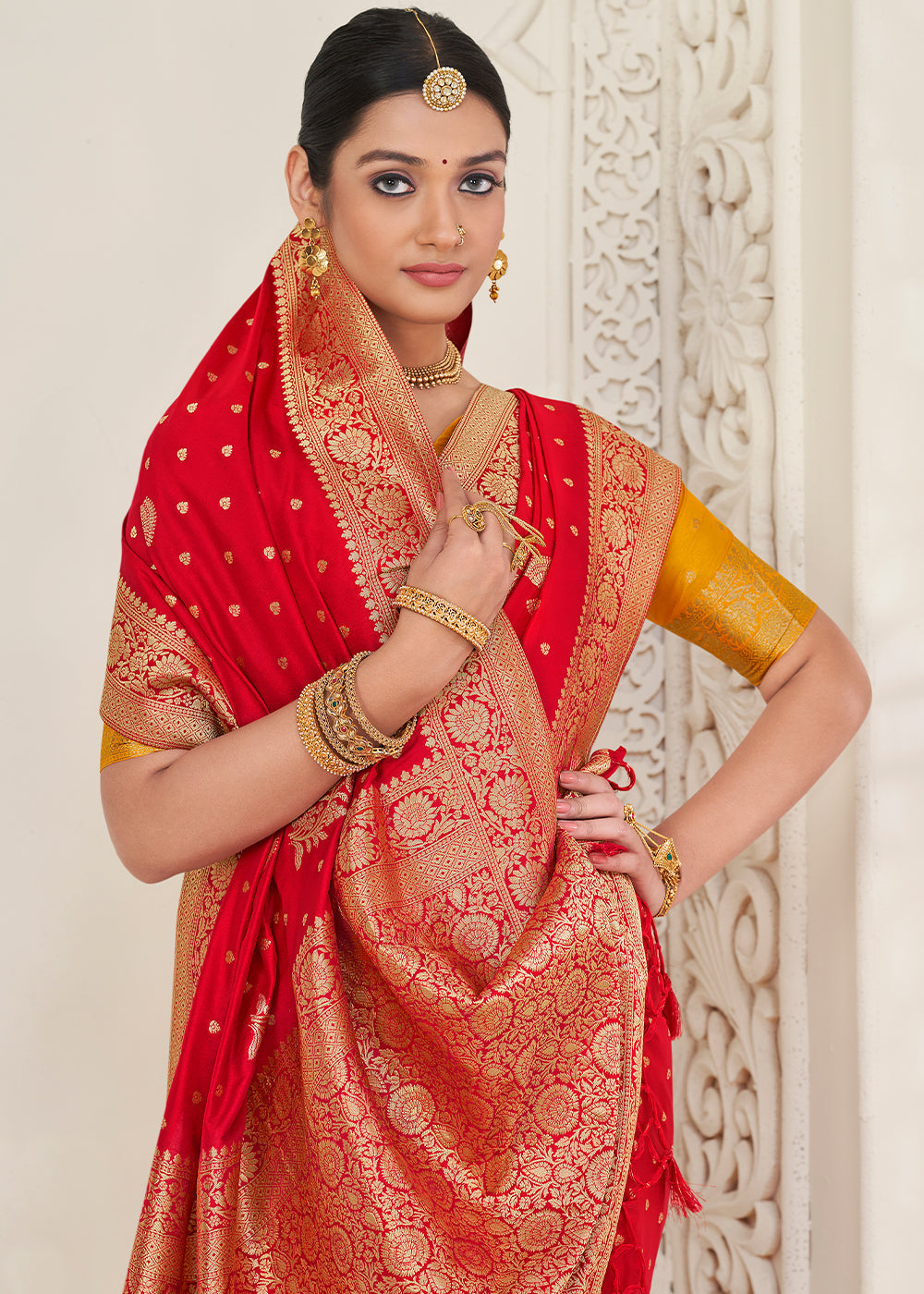 Candy Red Zari Woven Dola Silk Saree