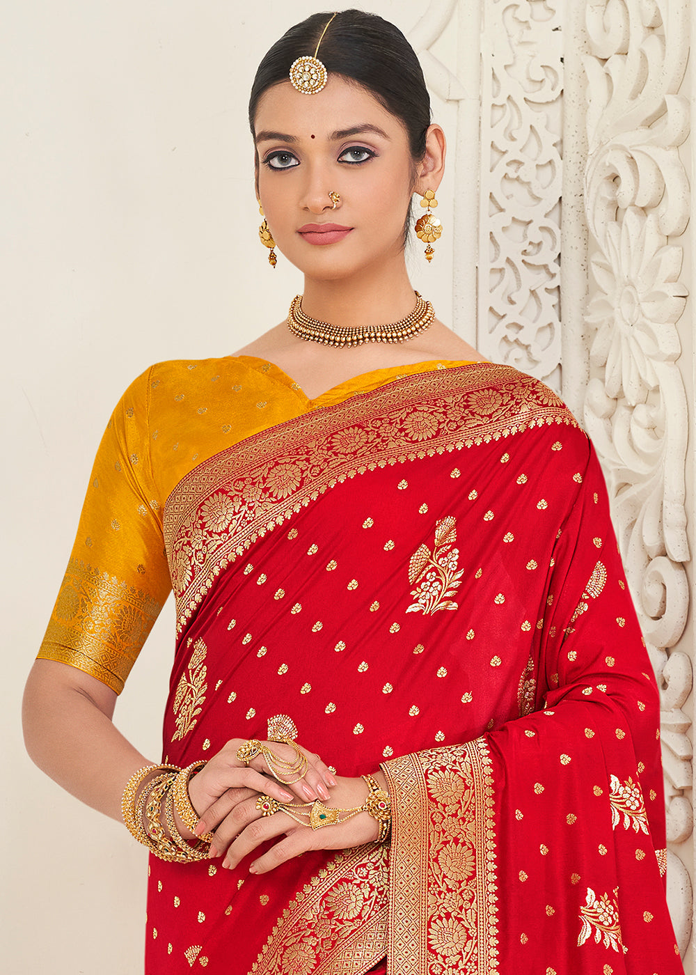 Candy Red Zari Woven Dola Silk Saree