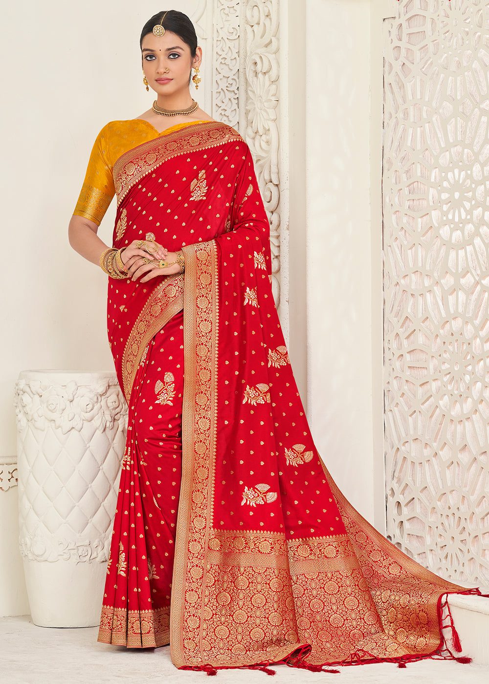 Candy Red Zari Woven Dola Silk Saree