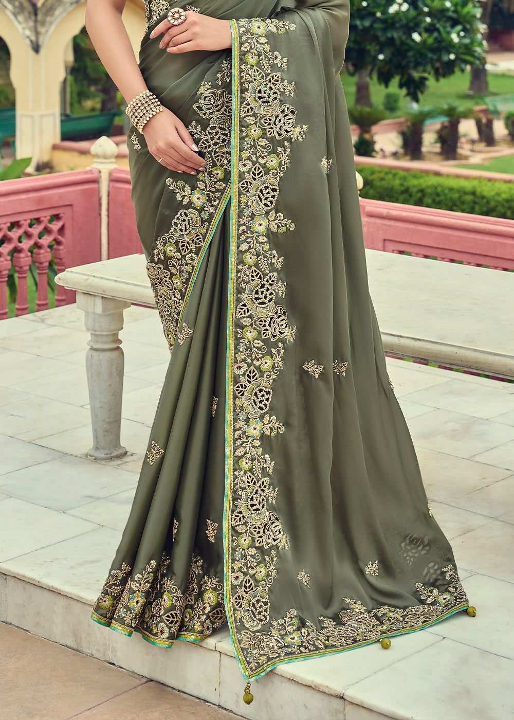 Sardine Grey Designer Organza Saree with Intricate Embroidery work