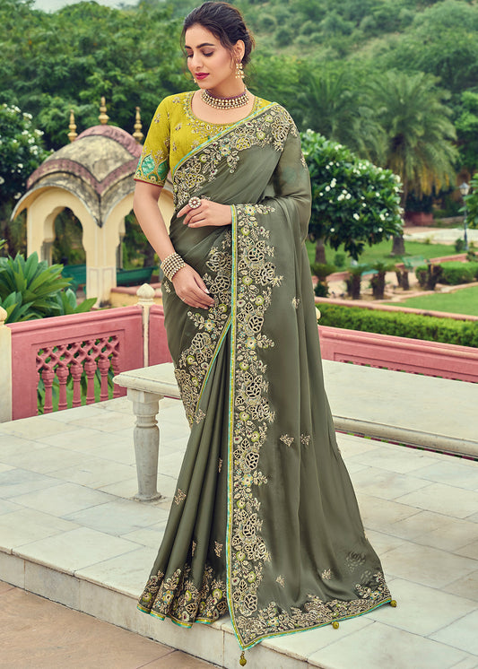 Sardine Grey Designer Organza Saree with Intricate Embroidery work