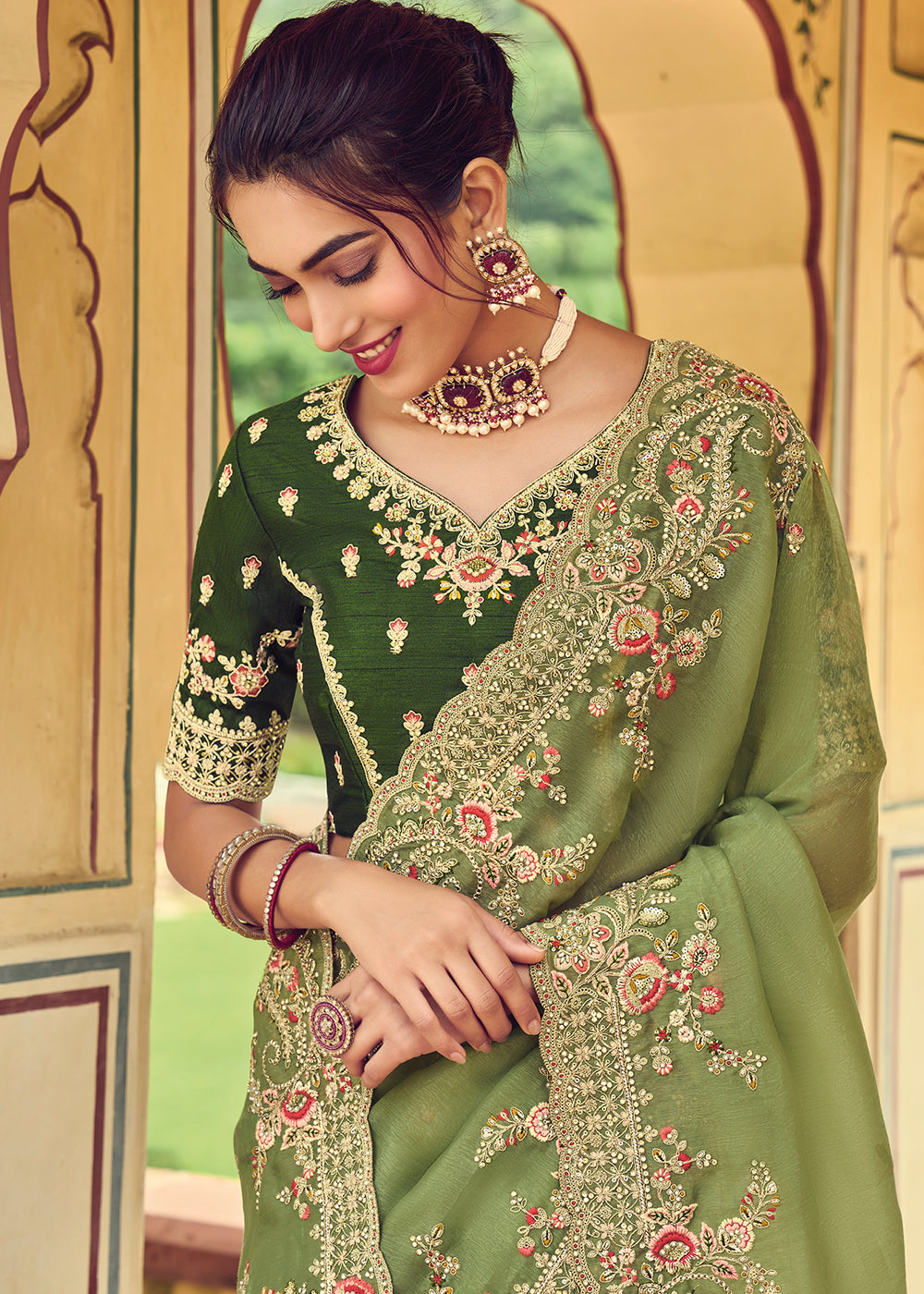 Light Olive Green Designer Organza Saree with Intricate Embroidery work