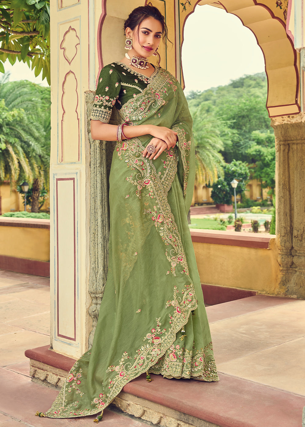 Light Olive Green Designer Organza Saree with Intricate Embroidery work