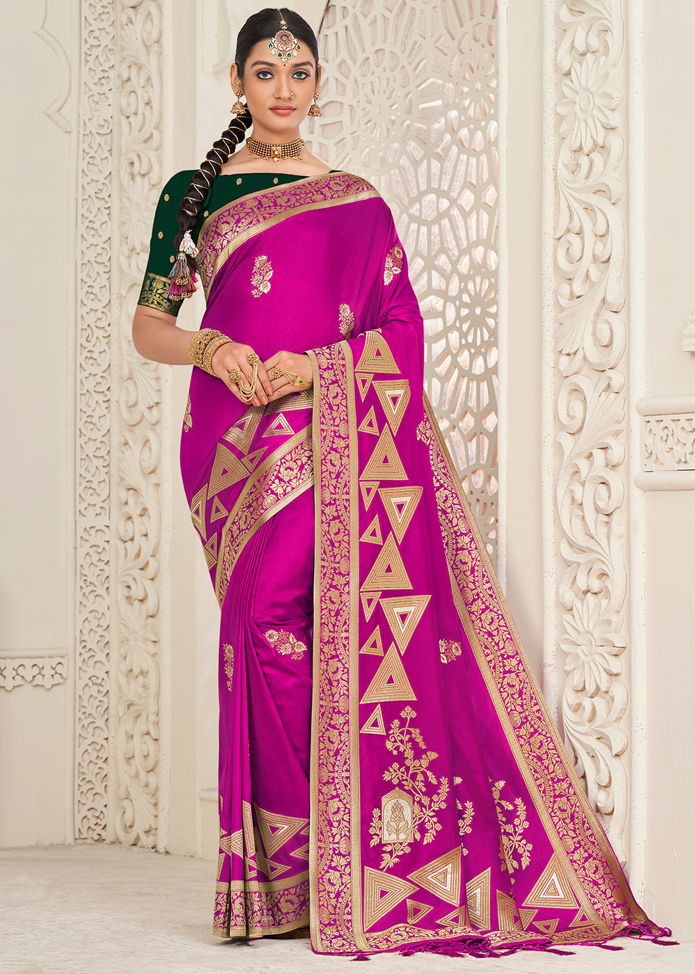 Magenta Blue Zari Woven Dola Silk Saree