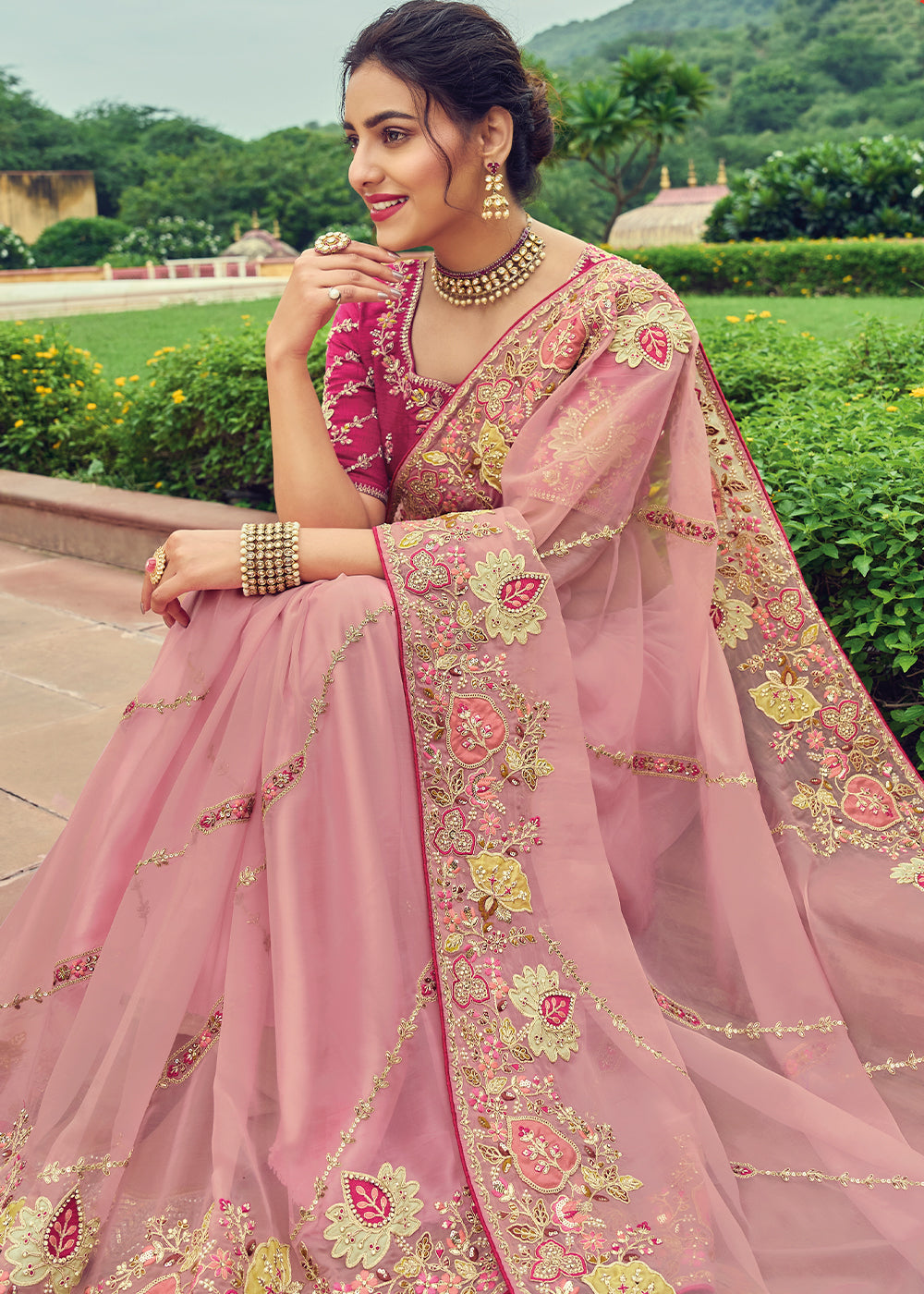 Thulian Pink Designer Organza Saree with Intricate Embroidery work