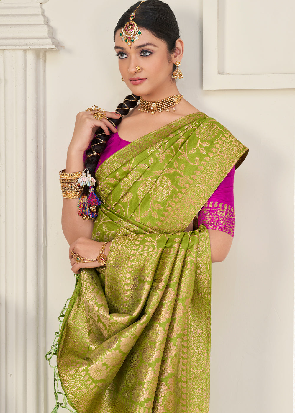 Avocado Green Zari Woven Dola Silk Saree