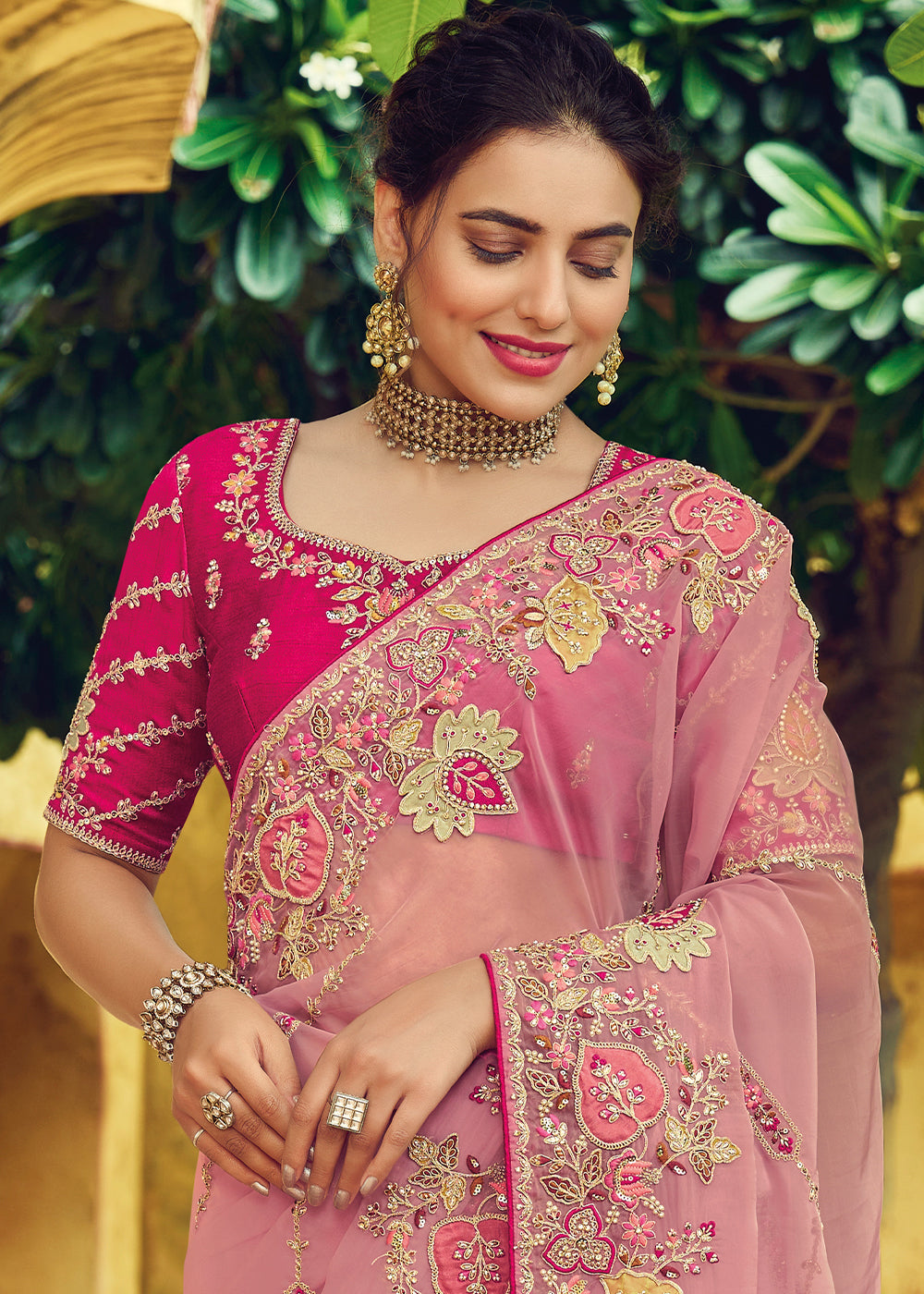 Thulian Pink Designer Organza Saree with Intricate Embroidery work