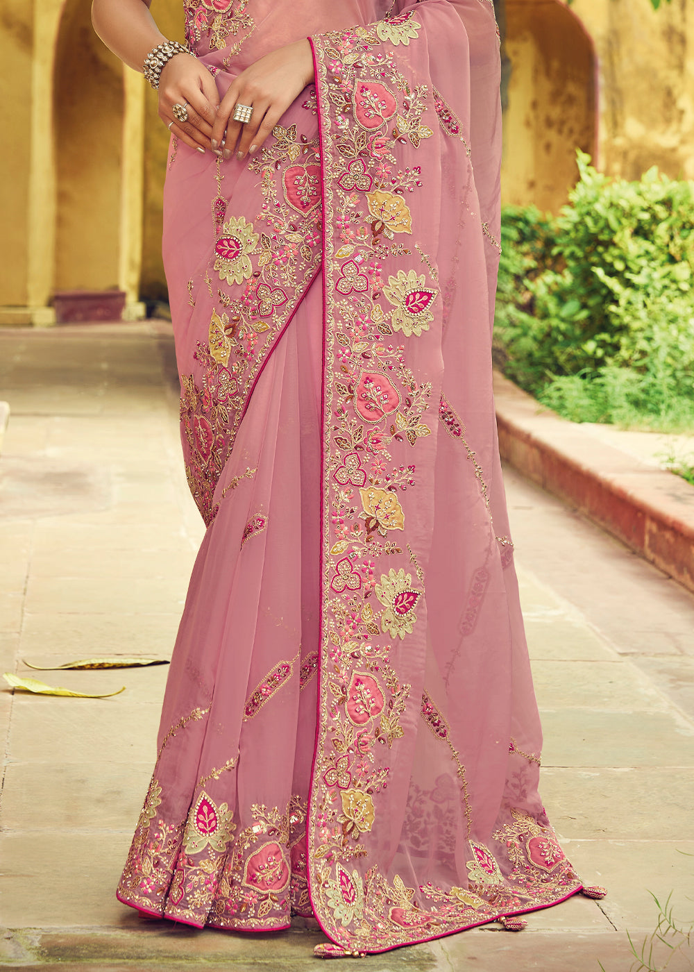 Thulian Pink Designer Organza Saree with Intricate Embroidery work