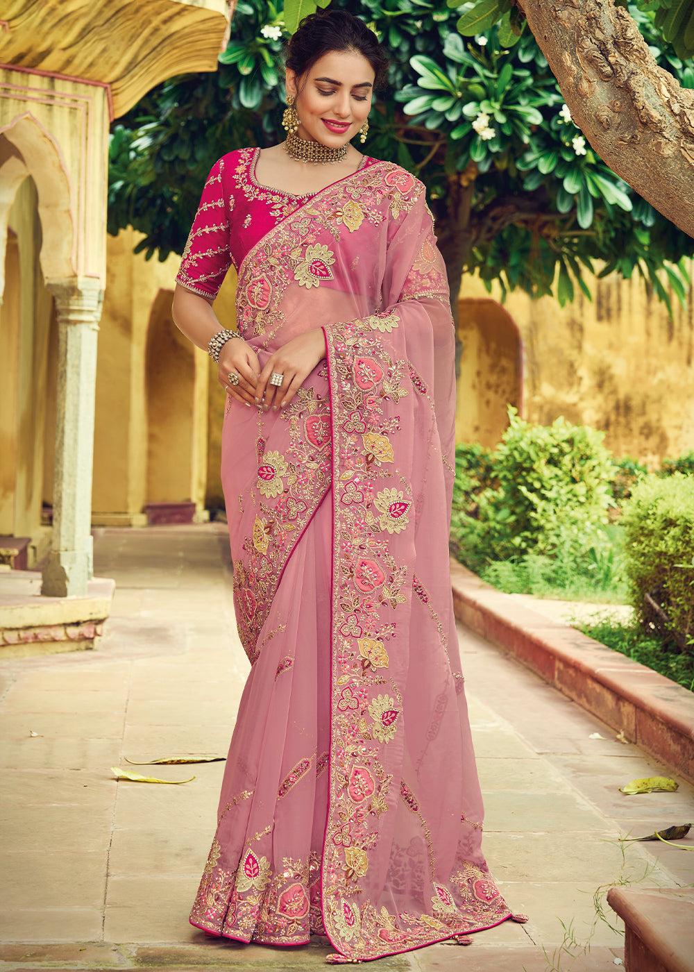 Thulian Pink Designer Organza Saree with Intricate Embroidery work