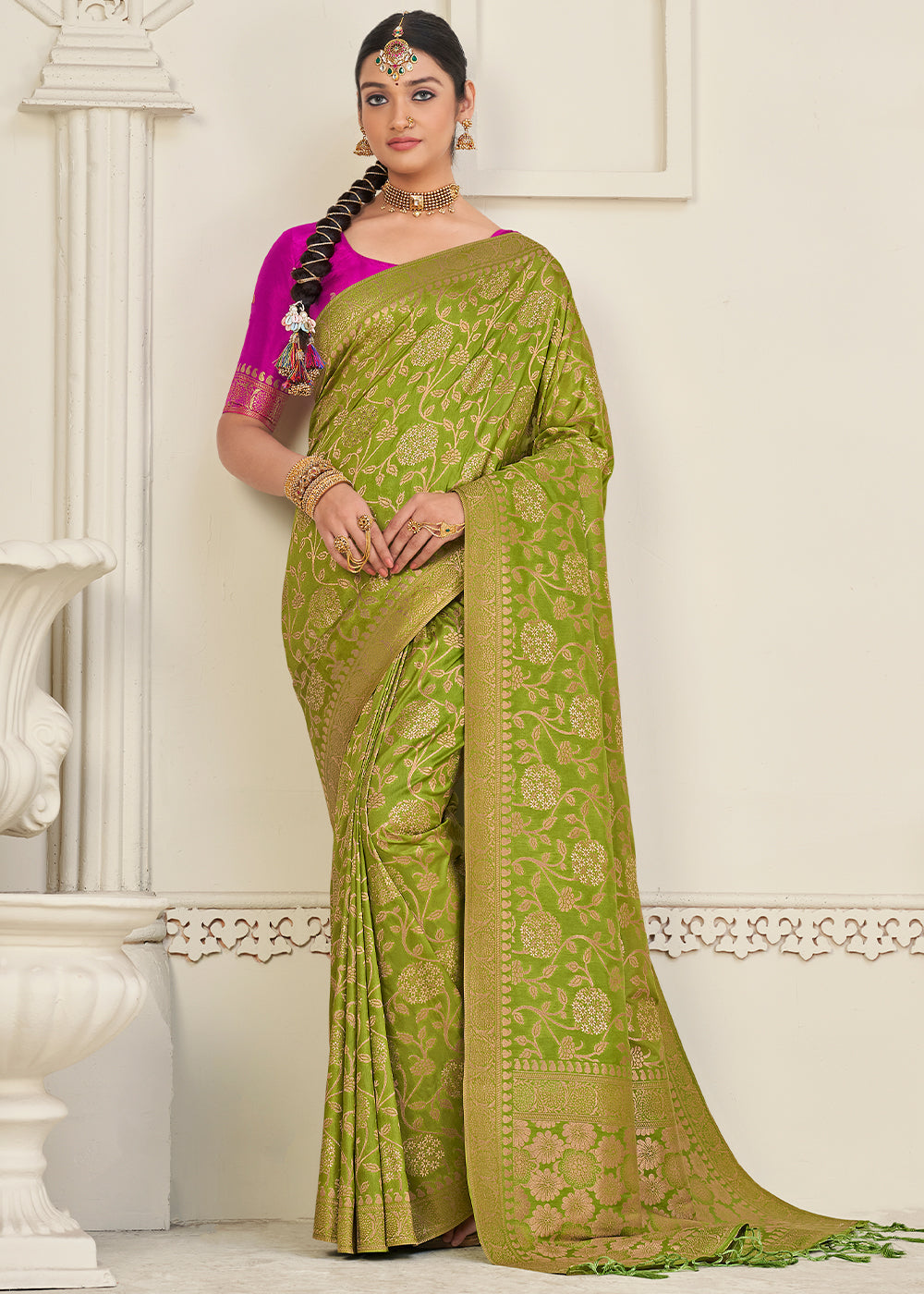 Avocado Green Zari Woven Dola Silk Saree