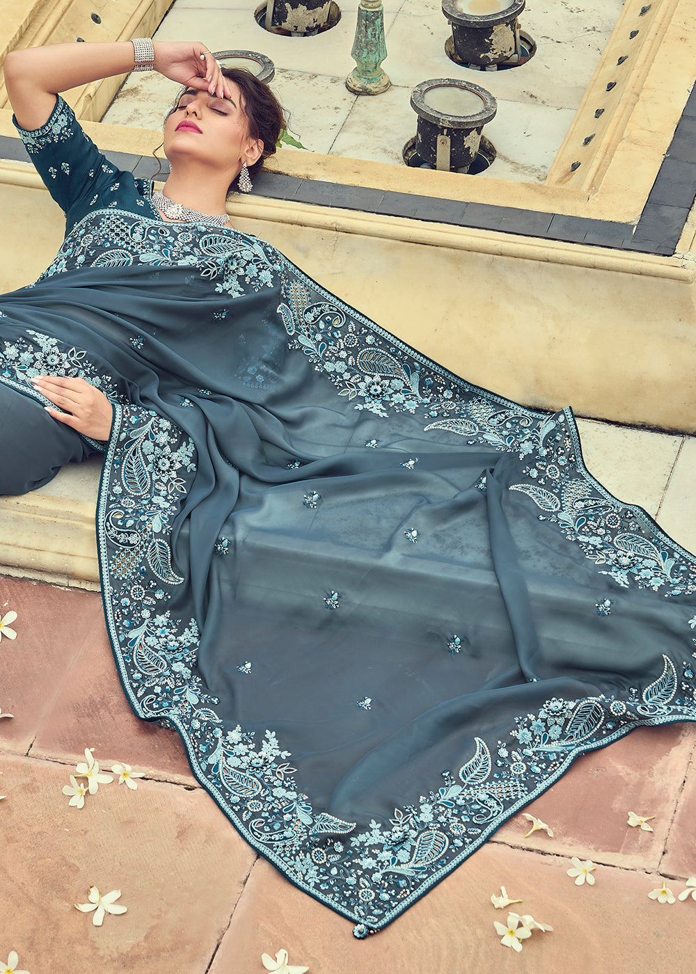 Spruce Blue Designer Organza Saree with Intricate Embroidery work