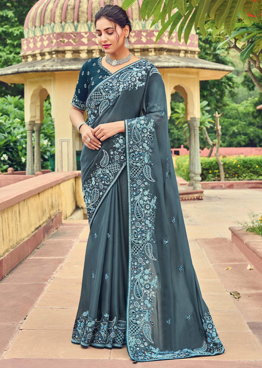 Spruce Blue Designer Organza Saree with Intricate Embroidery work